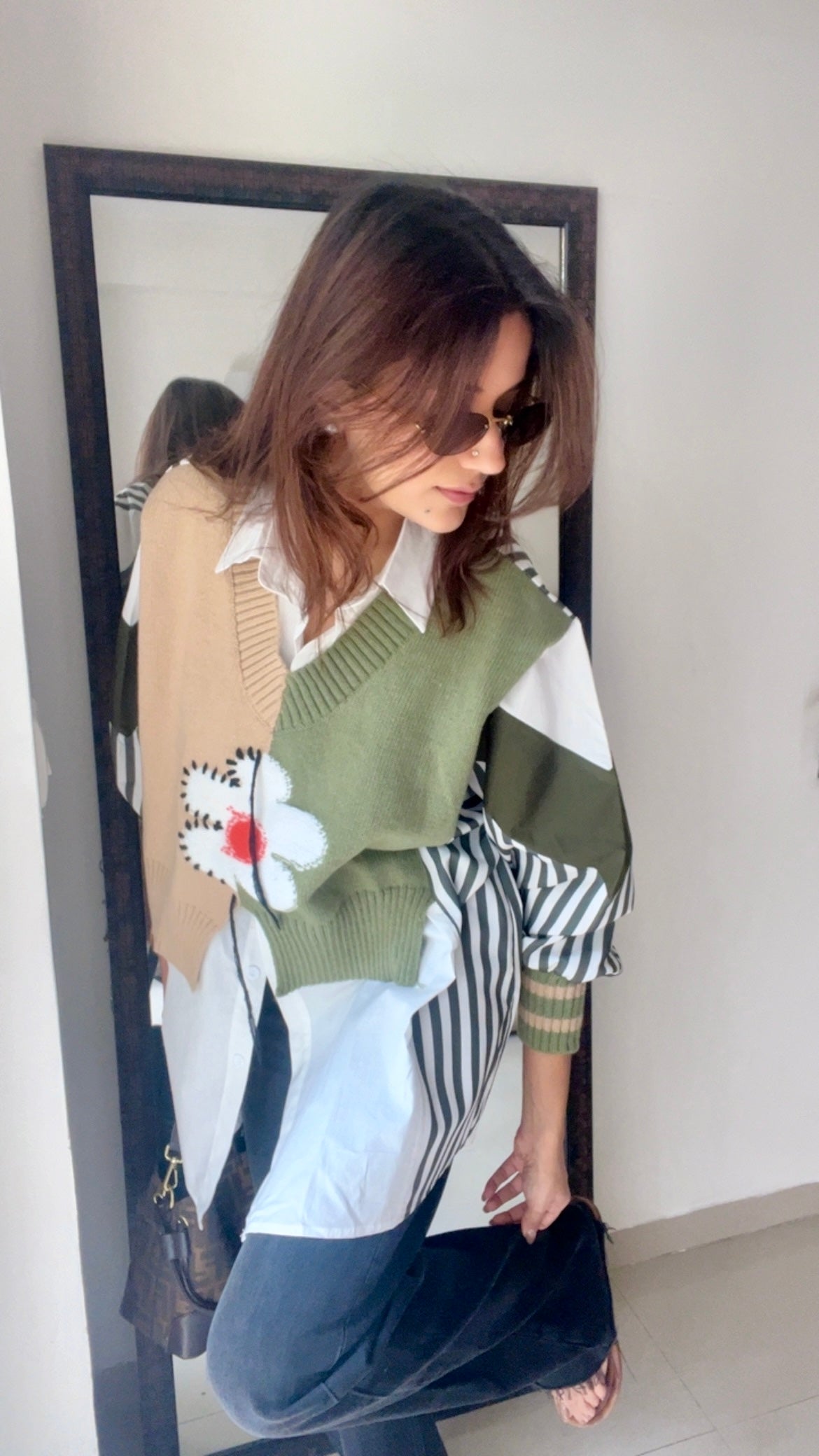 Stripe Knit Vest Poplin Fall Shirt