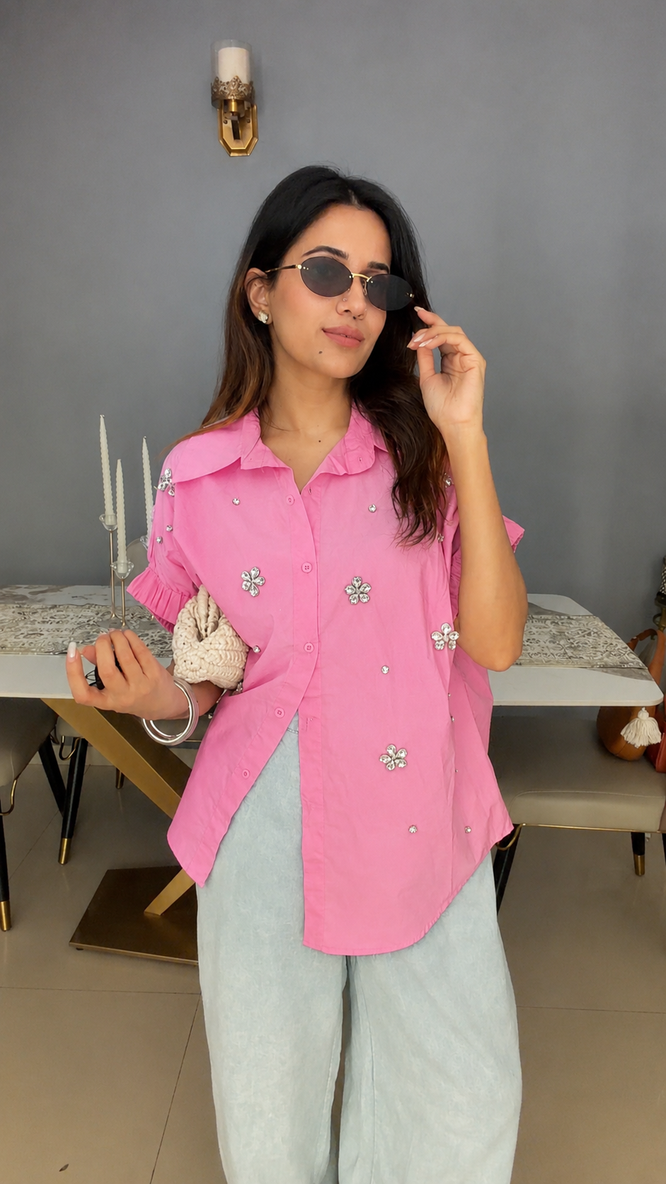 Embellished Ruched Sleeve Statement Top