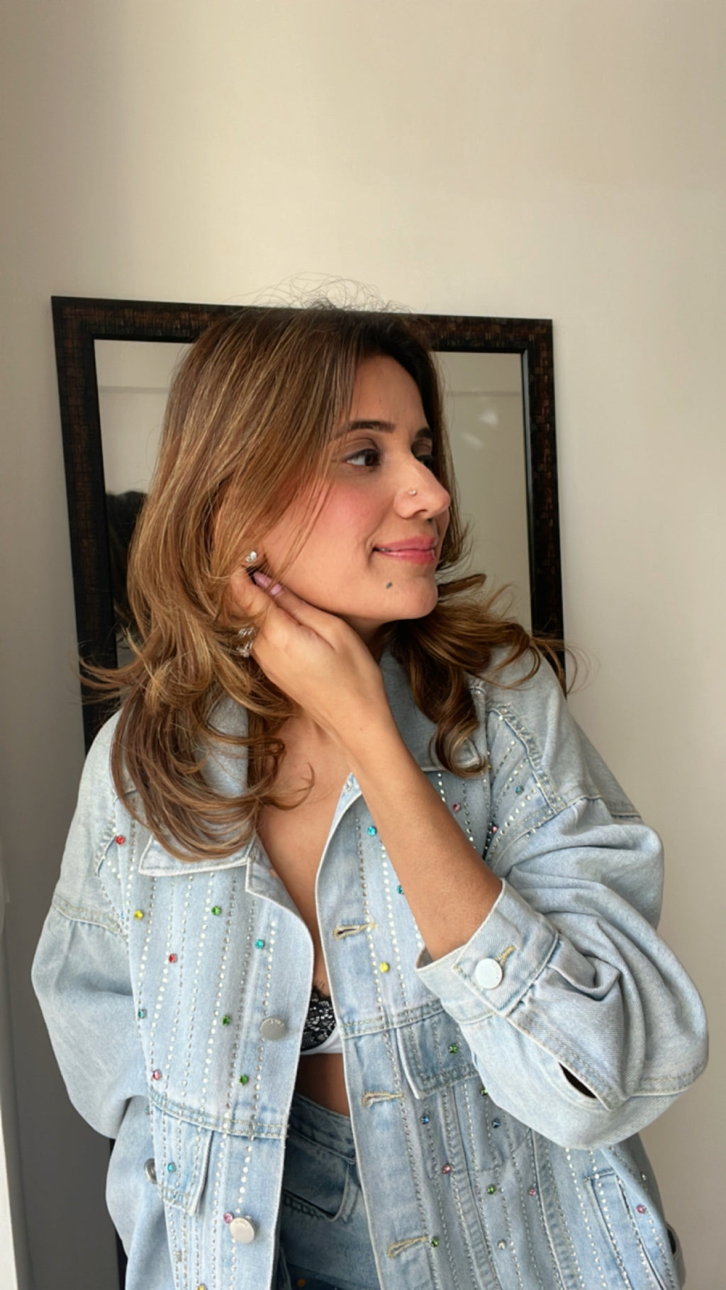 Multi Color Splash Studded Denim Fall Jacket