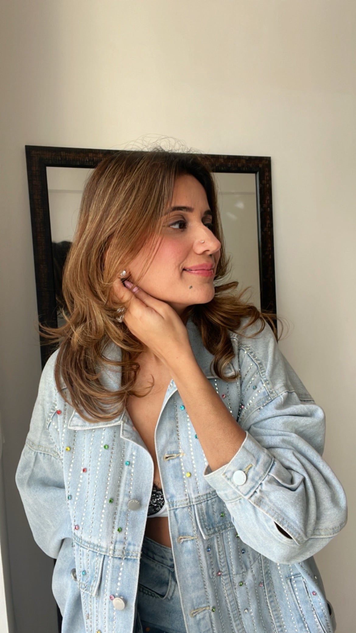 Multi Color Splash Studded Denim Fall Jacket