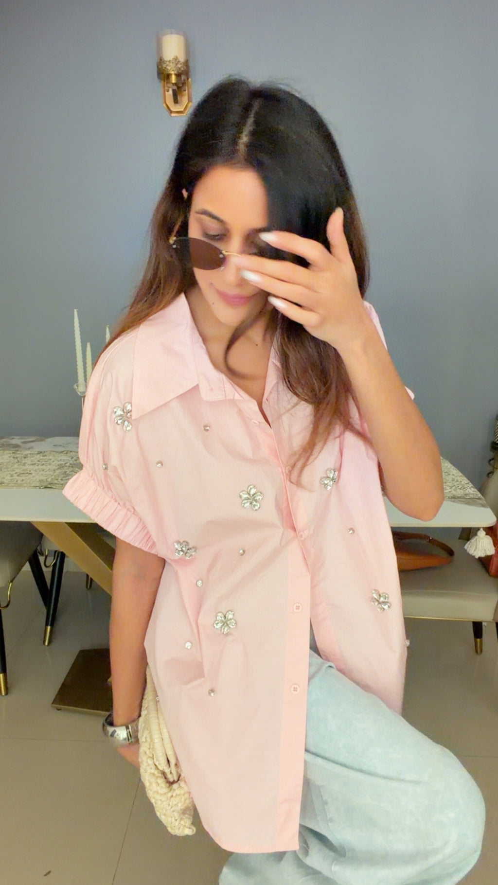 Embellished Ruched Sleeve Statement Top