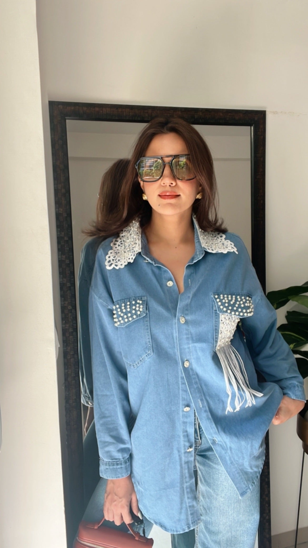Fringed Pearl and Lace Denim Shirt