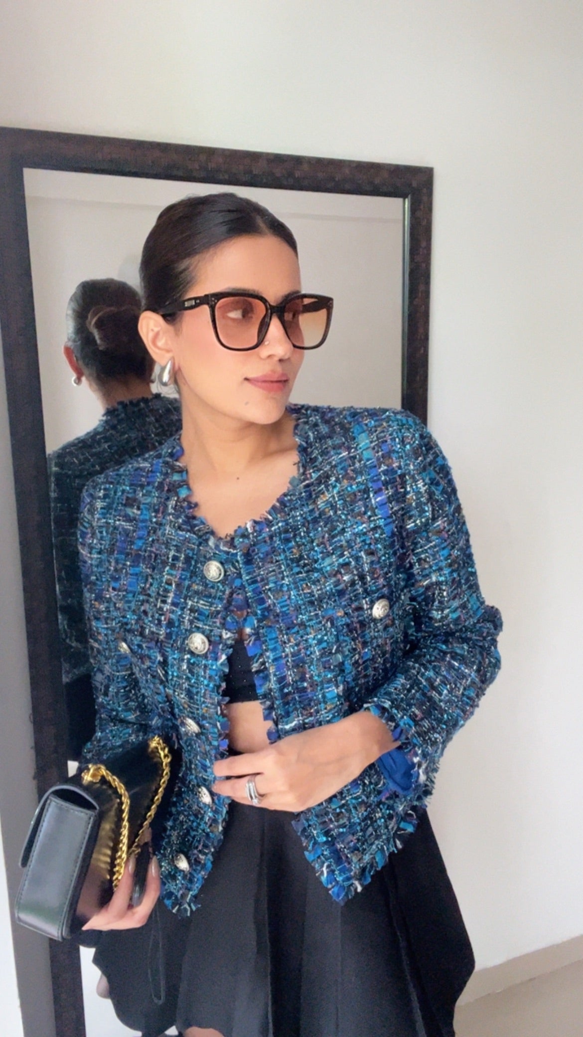Blue Textured Tweed Fall Jacket
