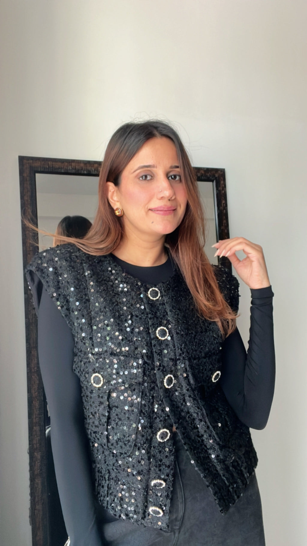 Sequin Embedded Cap sleeves Tweed Fall Vest