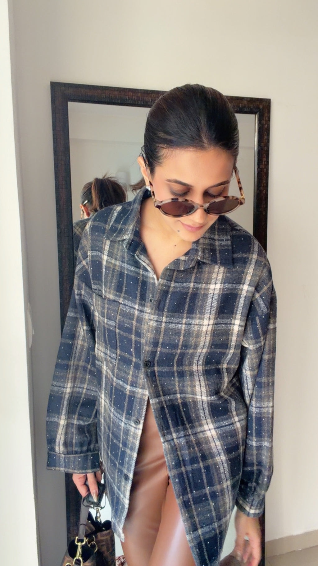 Swarowski Embedded Plaid Fall Shirt