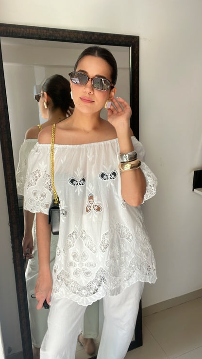 Off Shoulder Cutwork Poplin Top