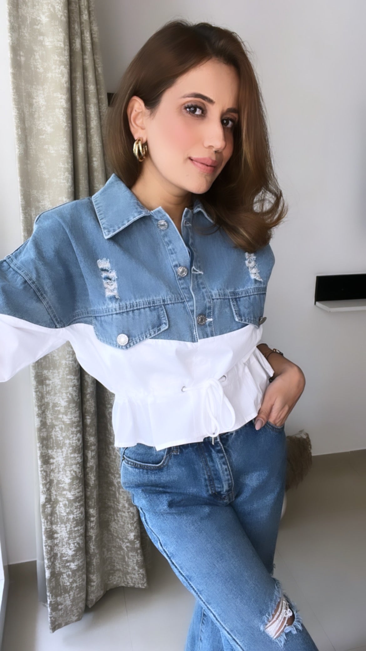 Drawstring Denim Poplin Shirt