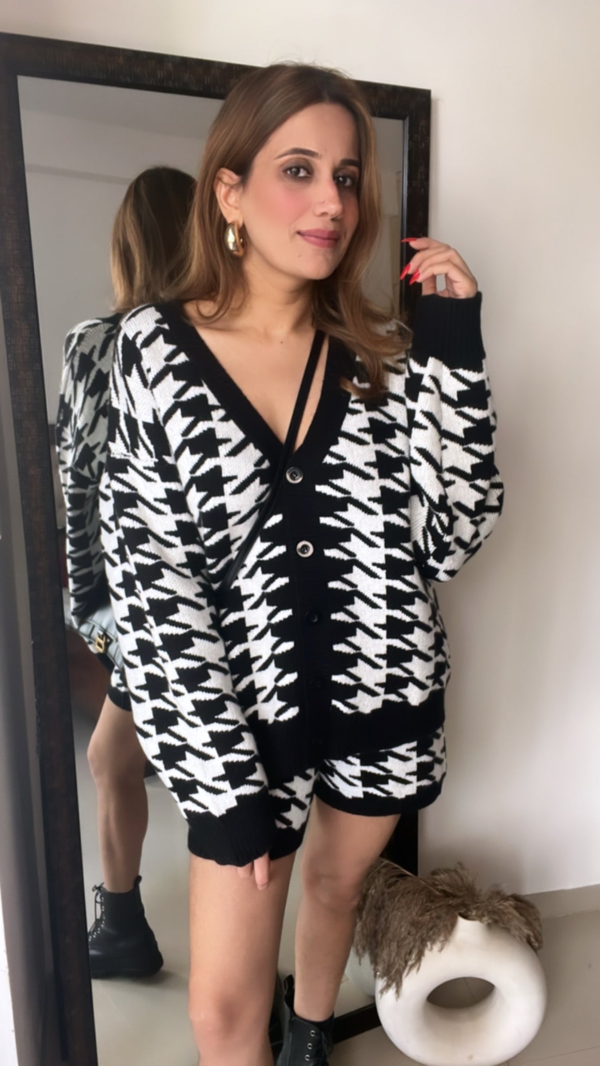 Houndstooth Knitted Shorts Fall Co-ord Set