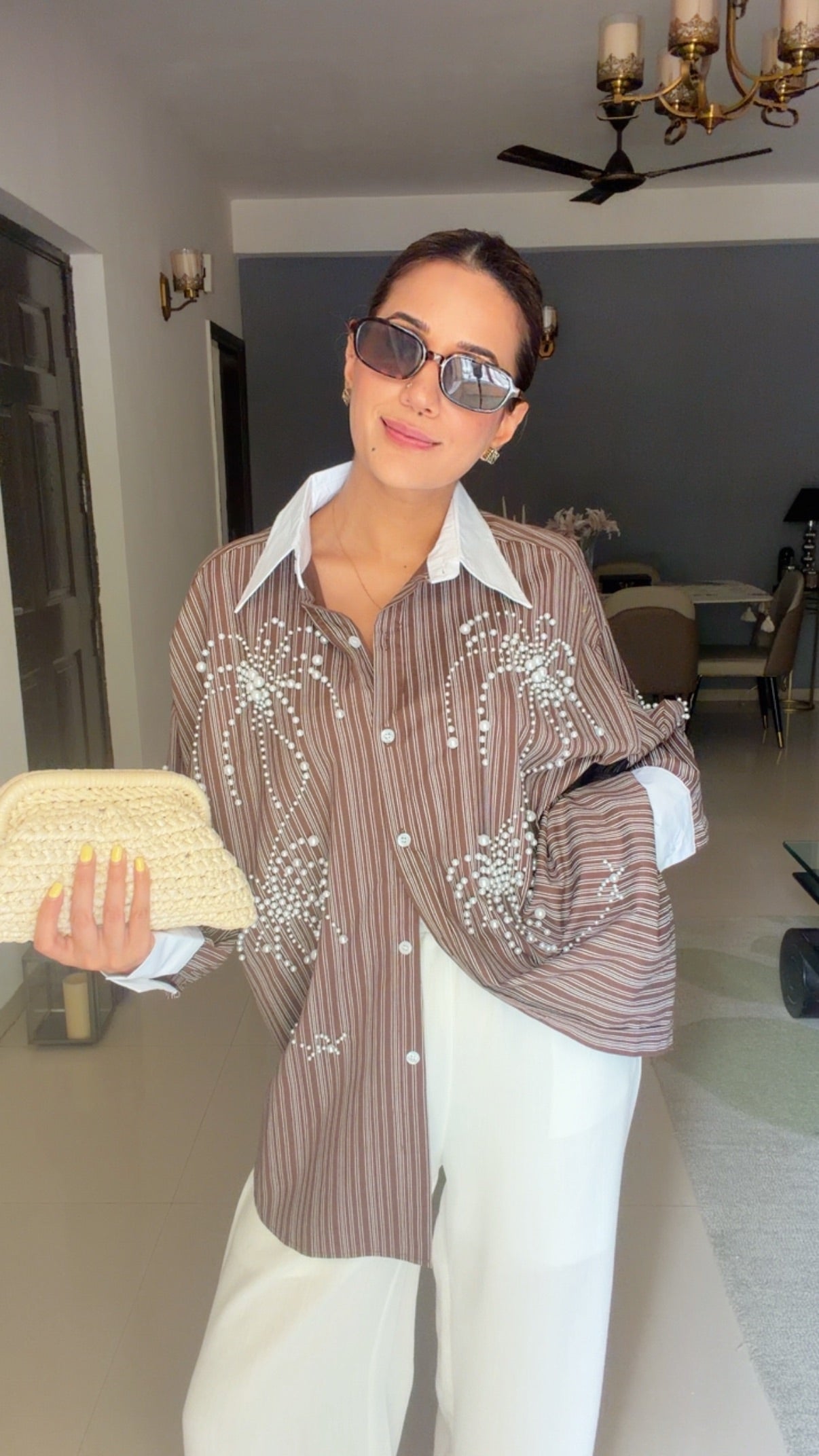 Pinstripe Pearl Detailed Poplin Shirt