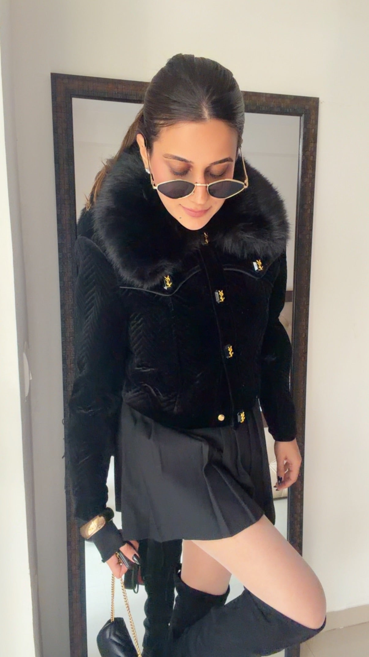 Fall Quilted Velvet Jacket with Faux Fur Collar