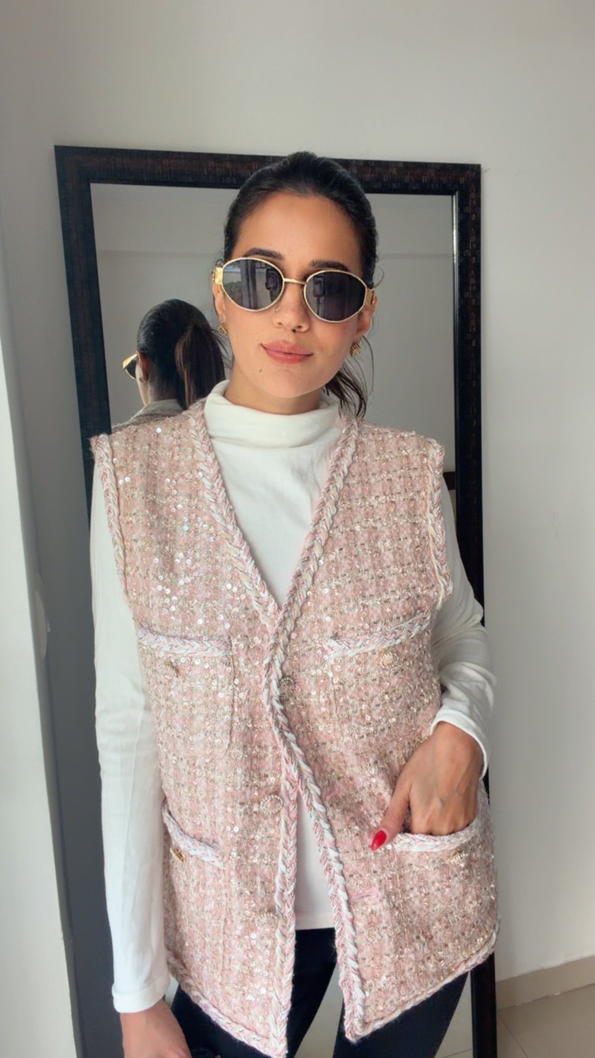 Sequin Plaid Tweed Fall Vest