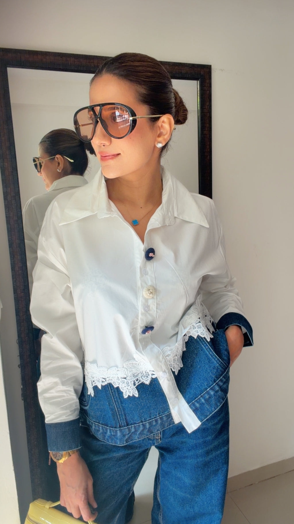 Lace Trim Denim Contrast Shirt