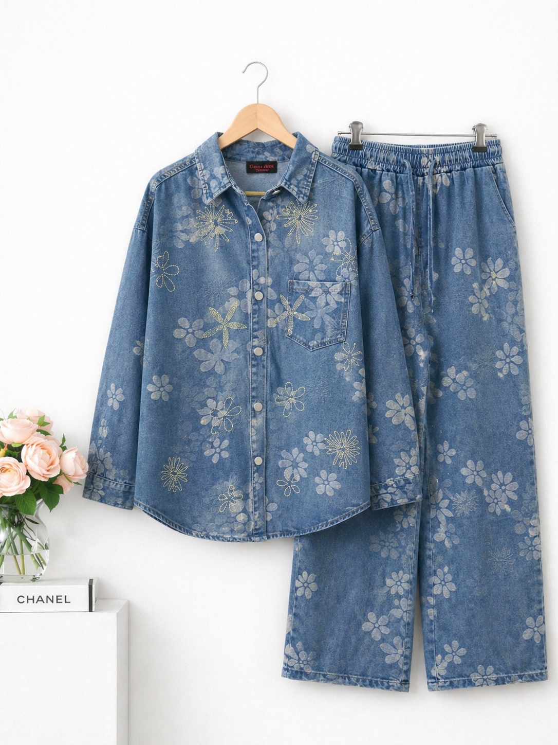 Denim Swarovski Studded Flower Co-ord Set