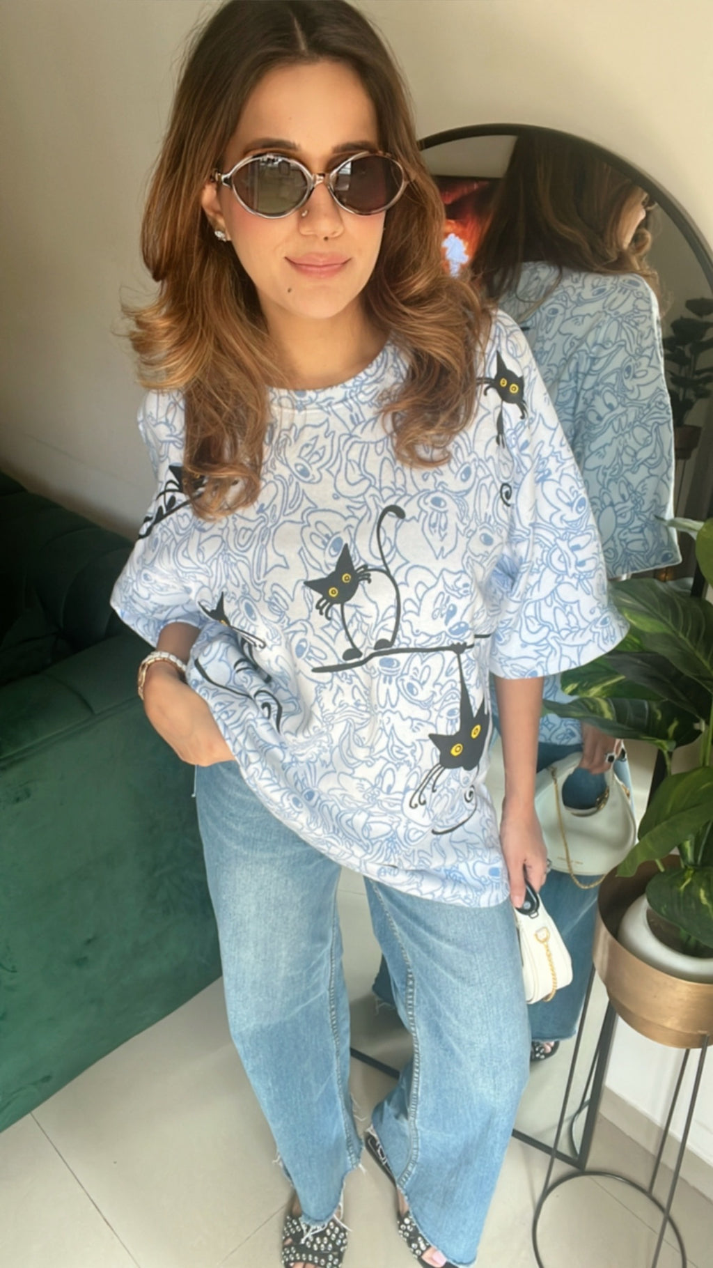 Cat Oversized Sleeves Stripe Tee