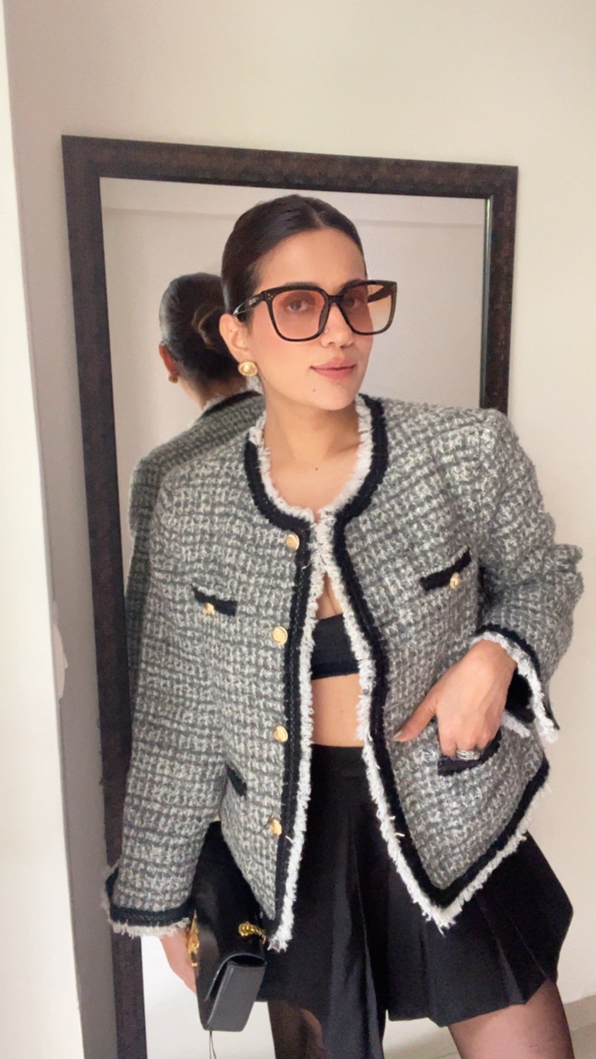 Monochrome Textured Fall Tweed Jacket