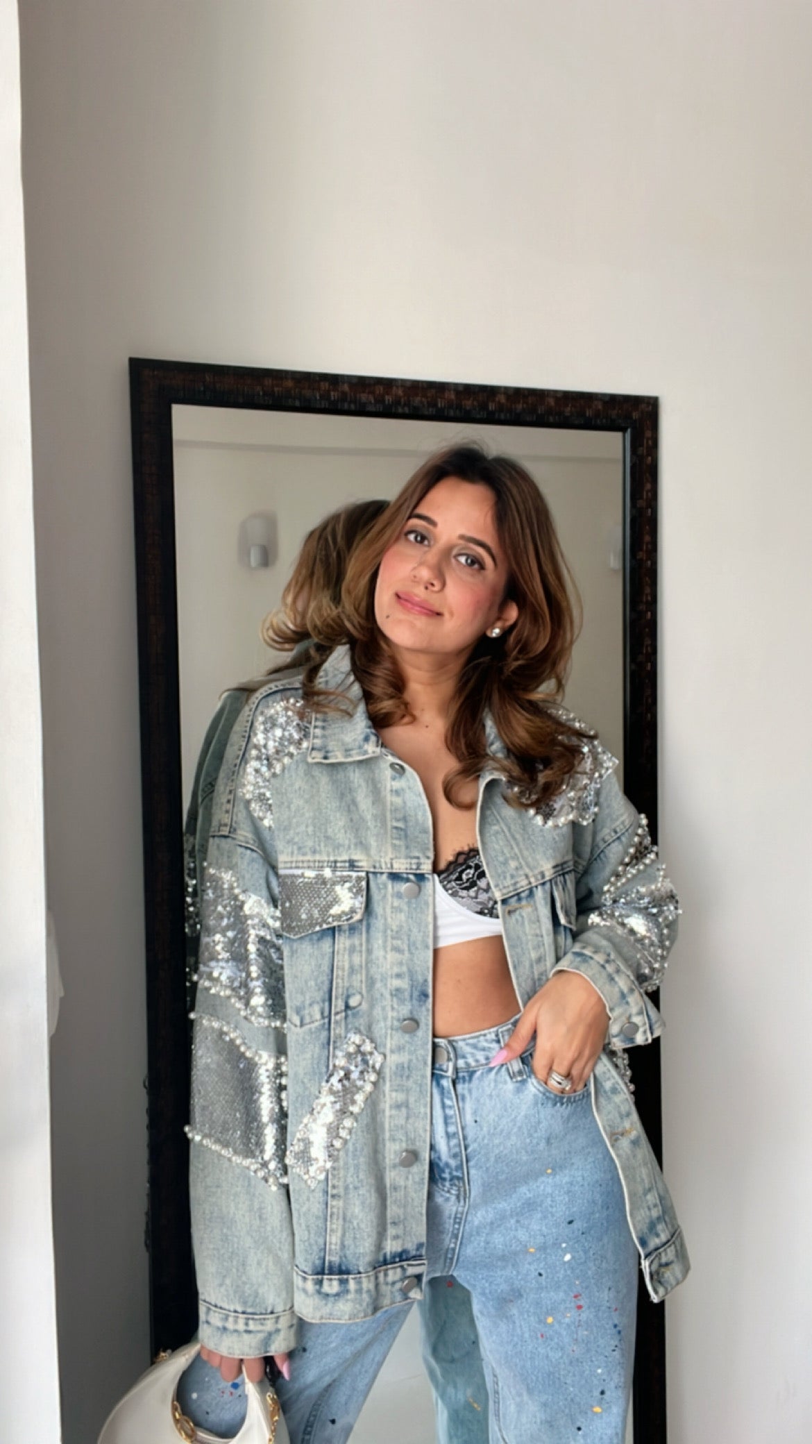 Sequin Patched Denim Fall Jacket