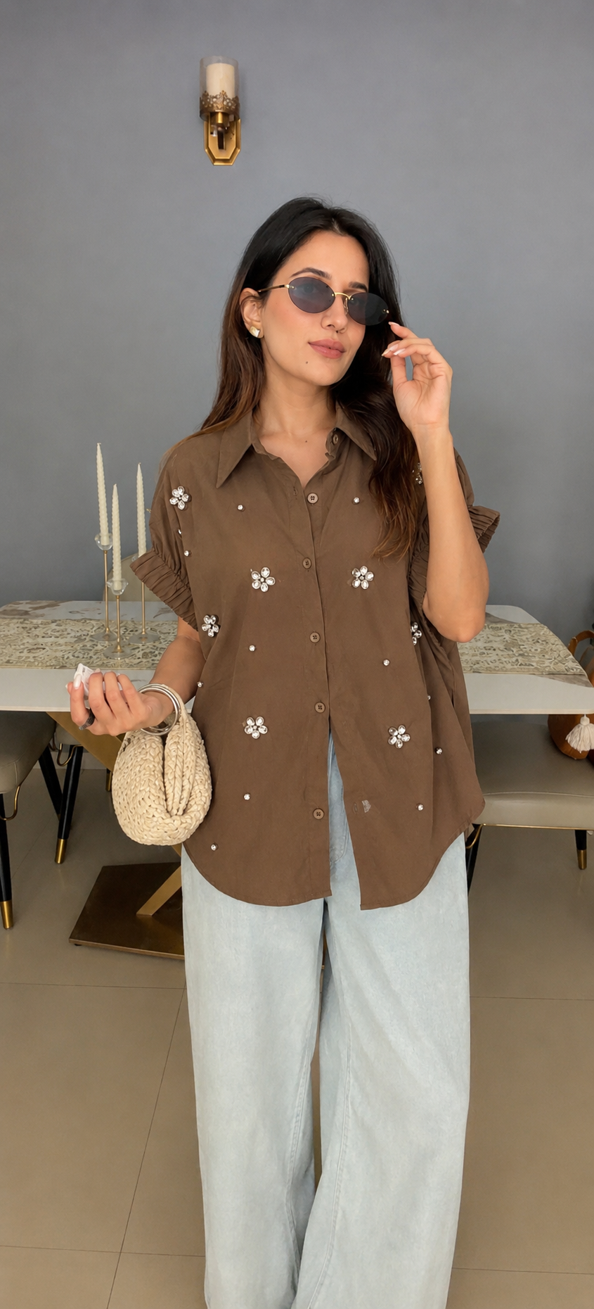 Embellished Ruched Sleeve Statement Top