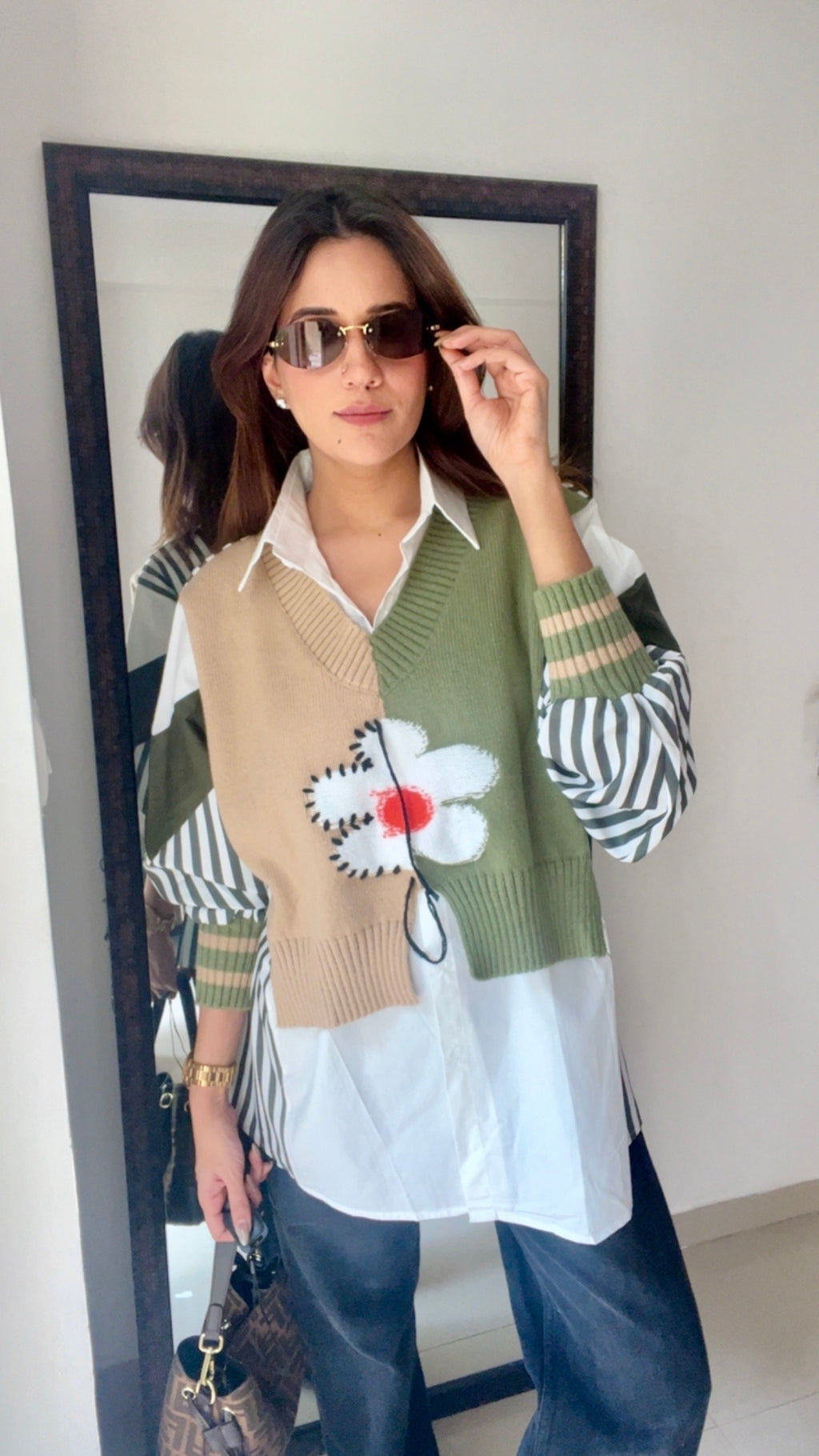 Stripe Knit Vest Poplin Fall Shirt