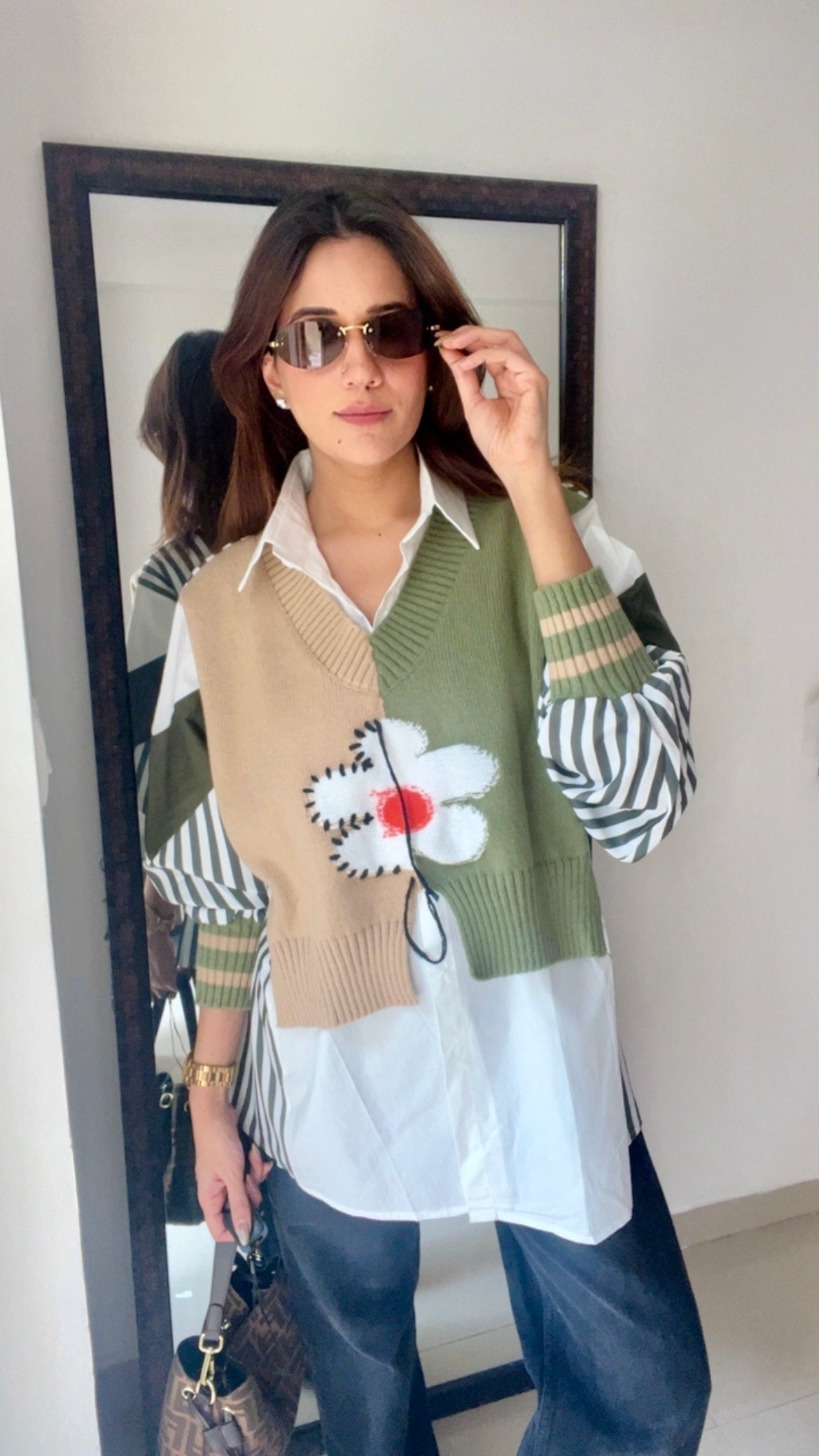 Stripe Knit Vest Poplin Fall Shirt