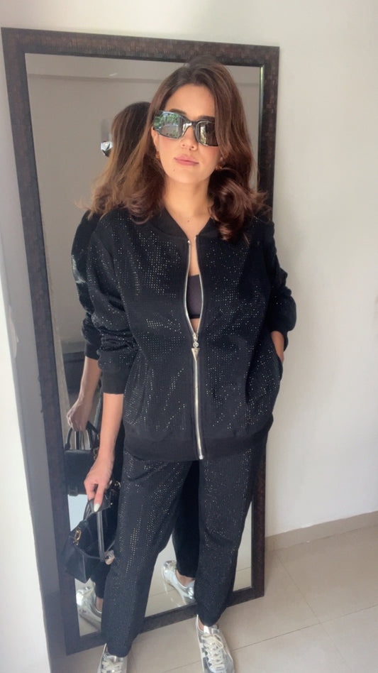 Black Swarovski Studded Lounge Set