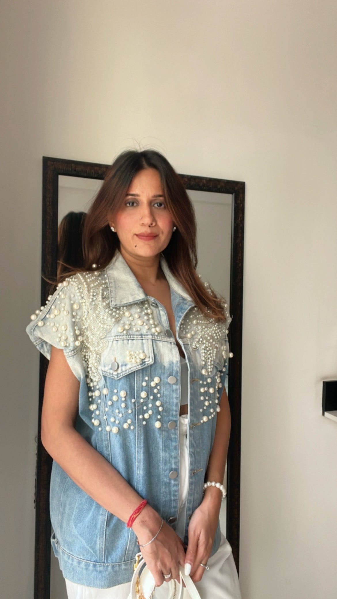 Pearl Embellished Denim Fall Jacket