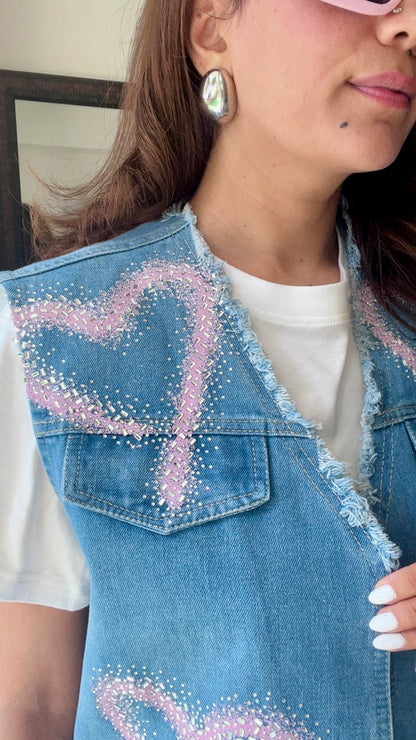 Pink Heart Swarovski Denim Fall Vest