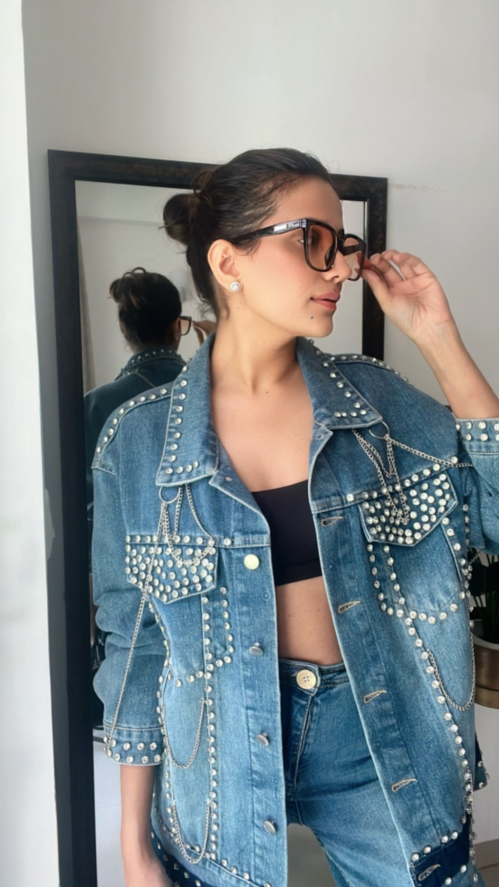 Studded Chain detailed Denim Fall Jacket