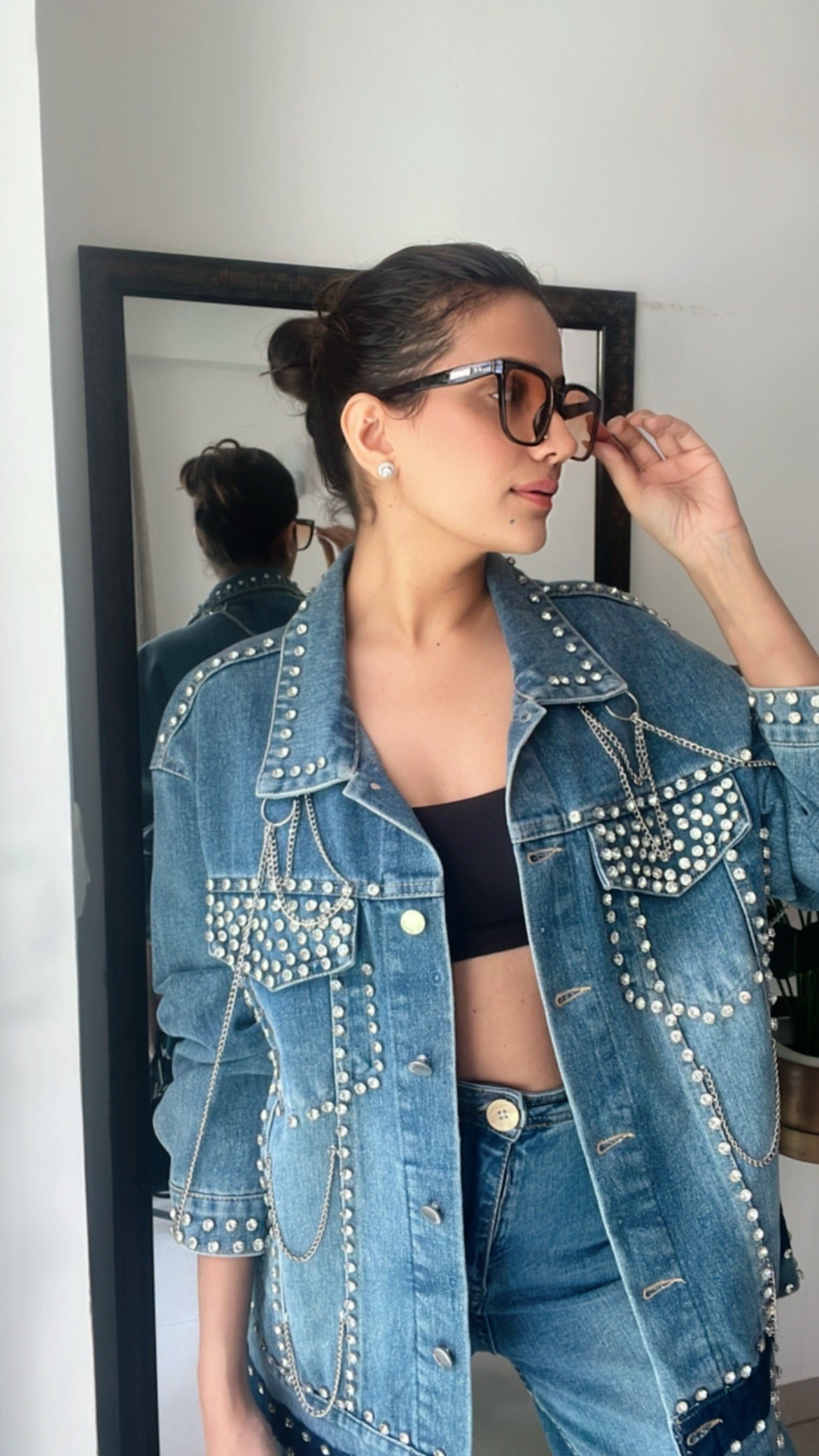 Studded Chain detailed Denim Fall Jacket