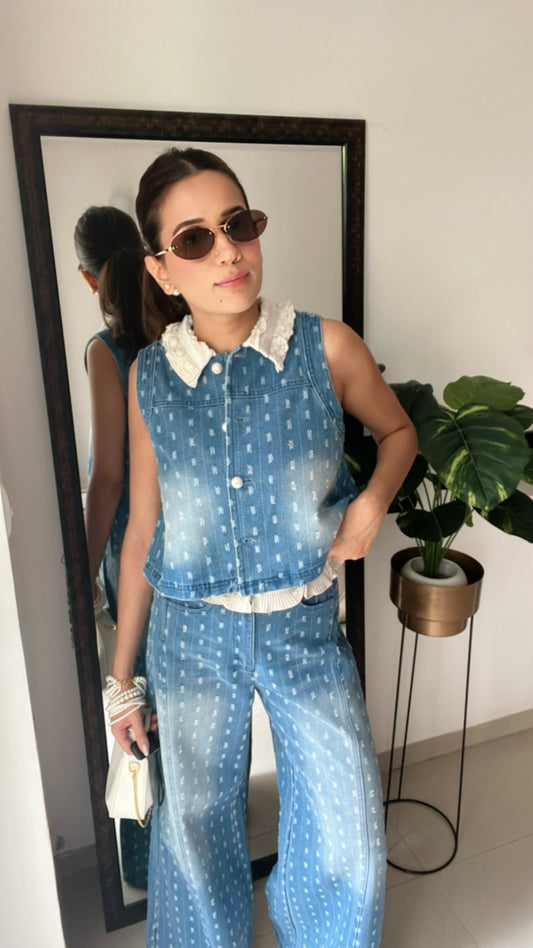 Ribbed Denim Frill Detailed Co-ord