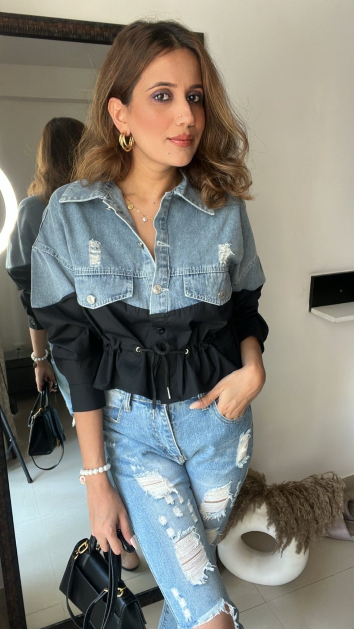 Drawstring Denim Poplin Shirt