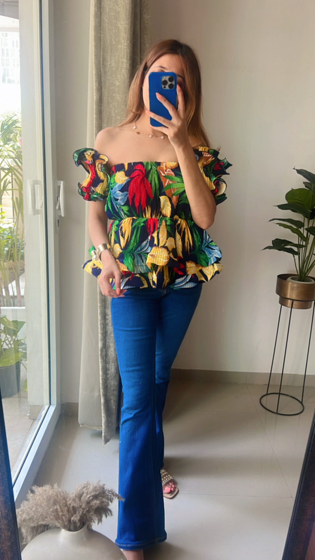 Tropical Pleated Peplum Top