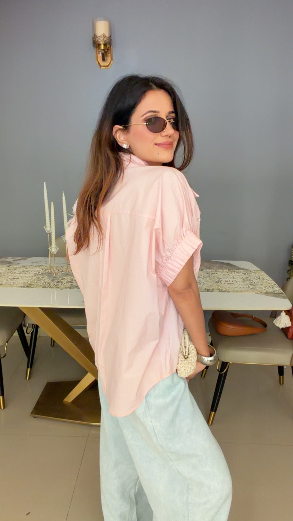 Embellished Ruched Sleeve Statement Top