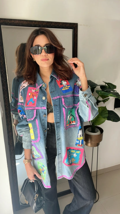 Cartoon Colorblast Oversized Denim Fall Jacket