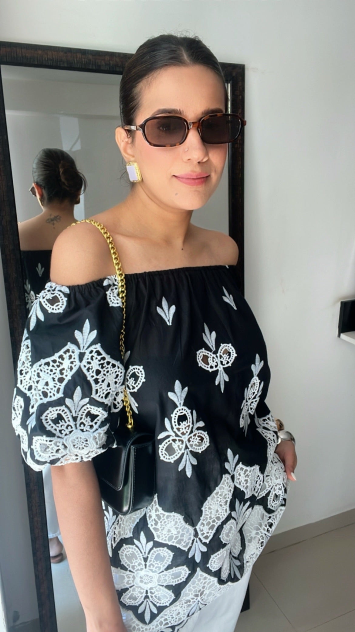 Off Shoulder Cutwork Poplin Top