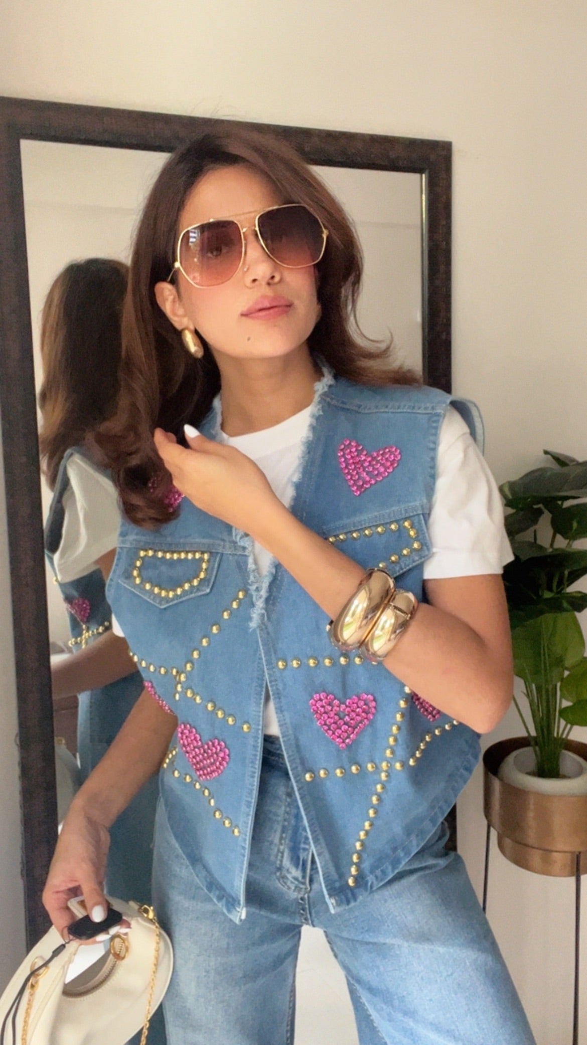 Gold Metal Pink Heart Denim Fall Vest