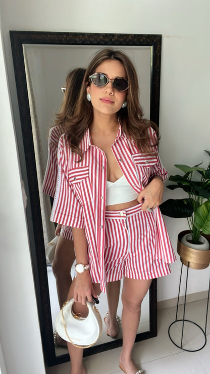 Lace Detailed Poplin Stripe Shorts Co-ord