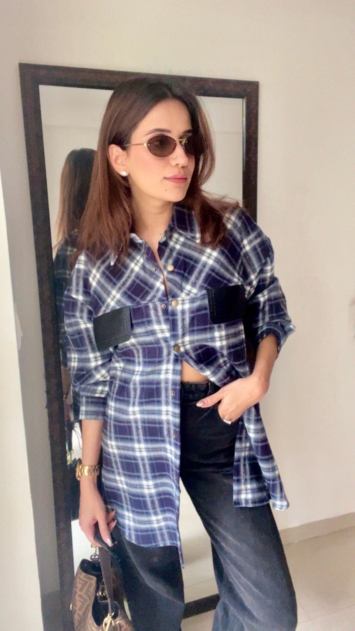 Plaid Leather Pocket Fall Shirt