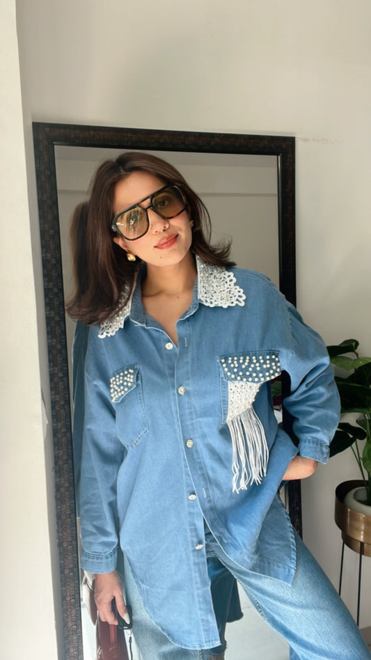 Fringed Pearl and Lace Denim Shirt