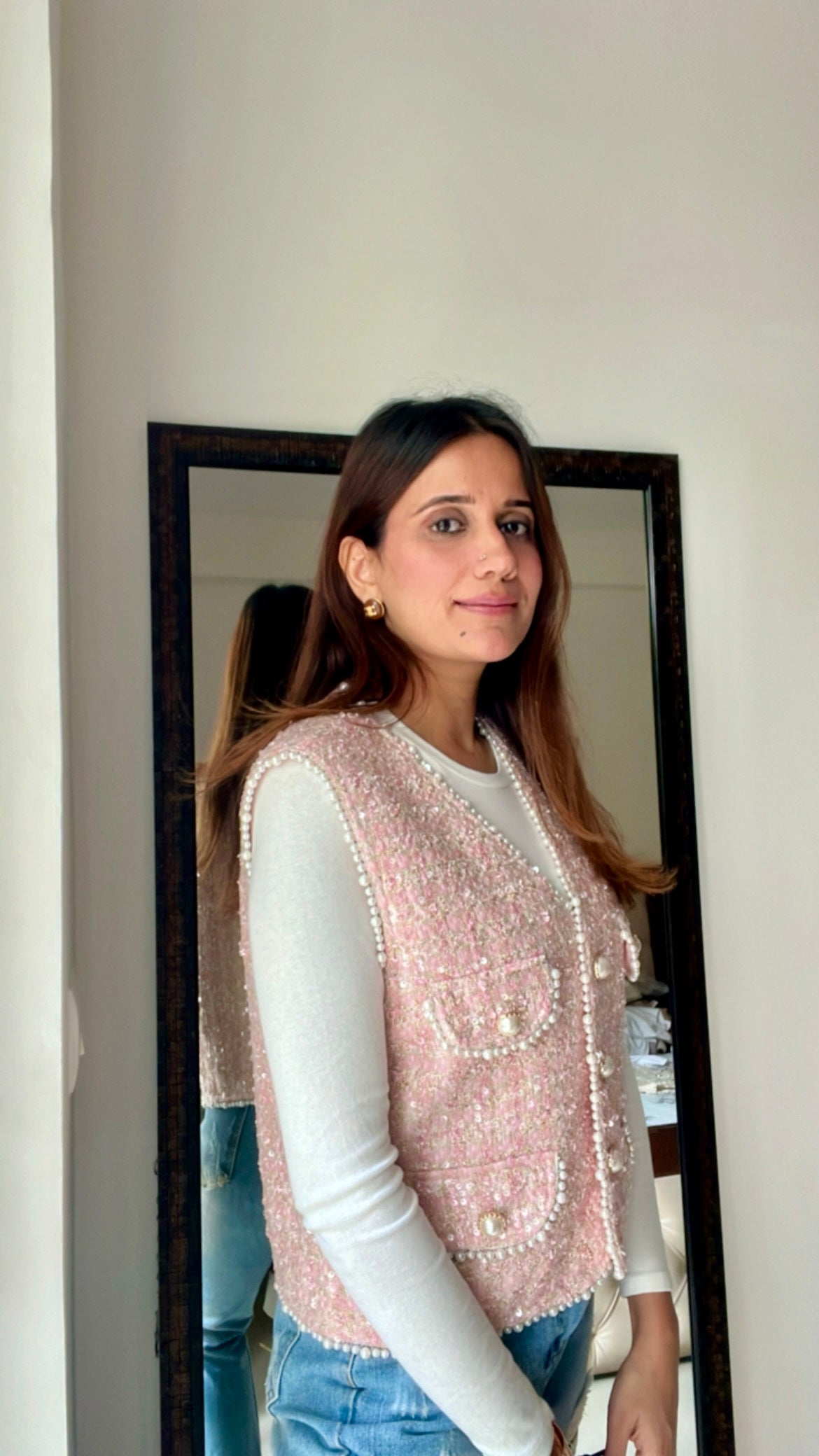 Pearl Embellished Tweed Fall Vest