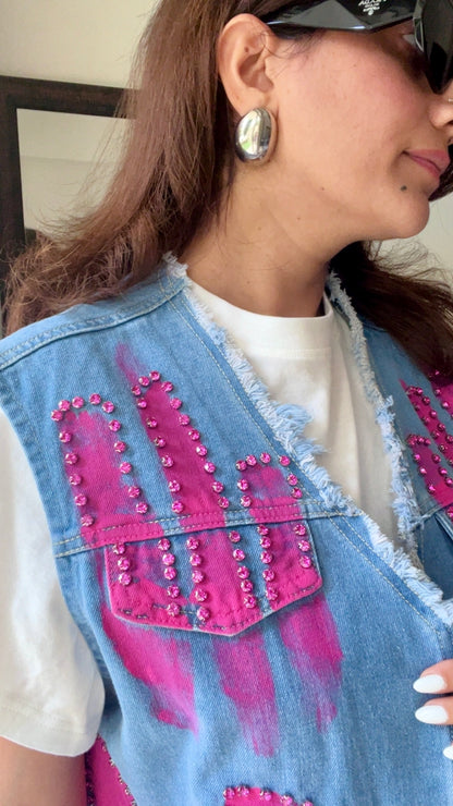 Hot Pink Studded Denim Fall Vest