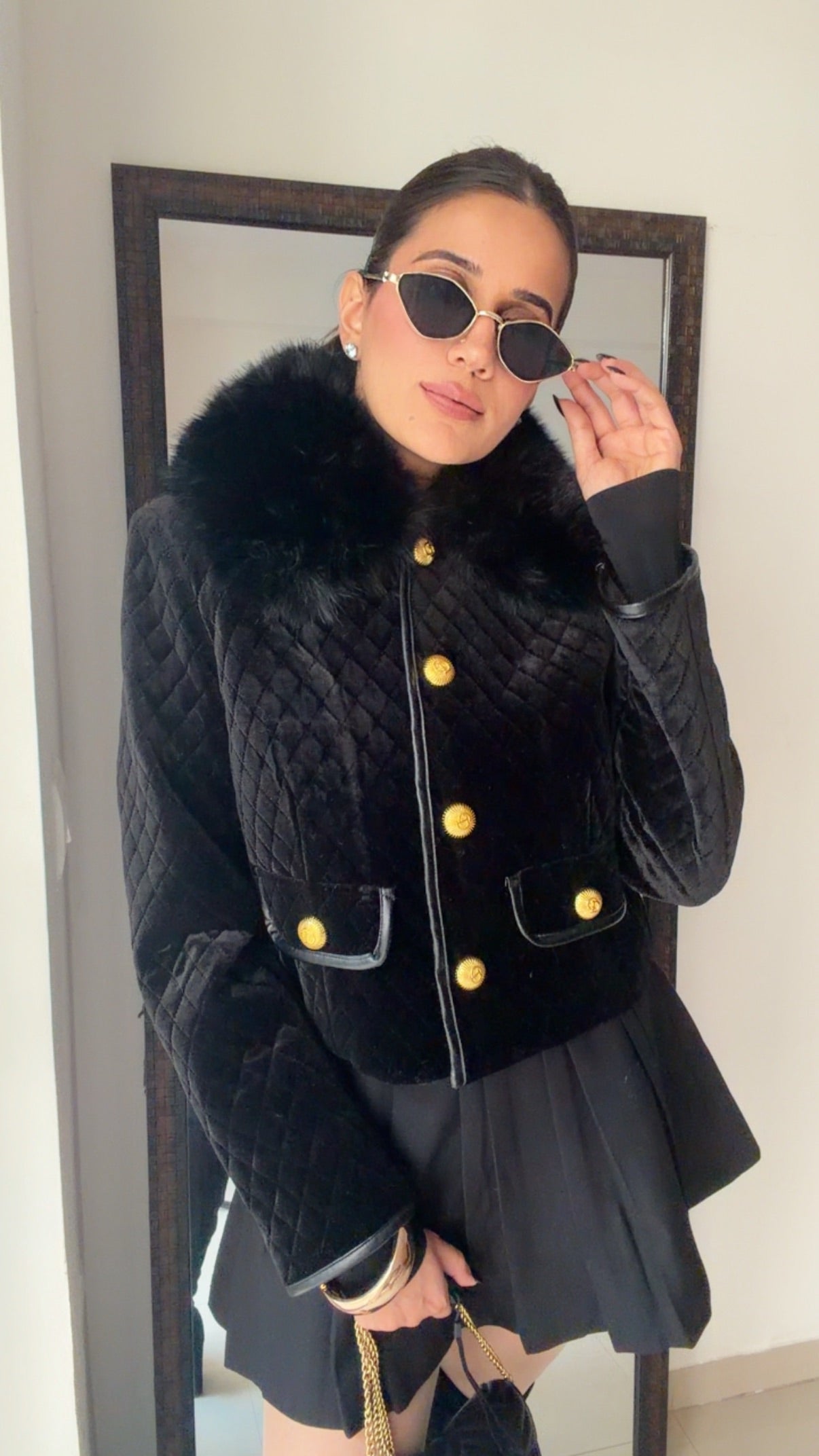 Quilted Fall Velvet Jacket with Faux Fur Collar (Fur Detachable)