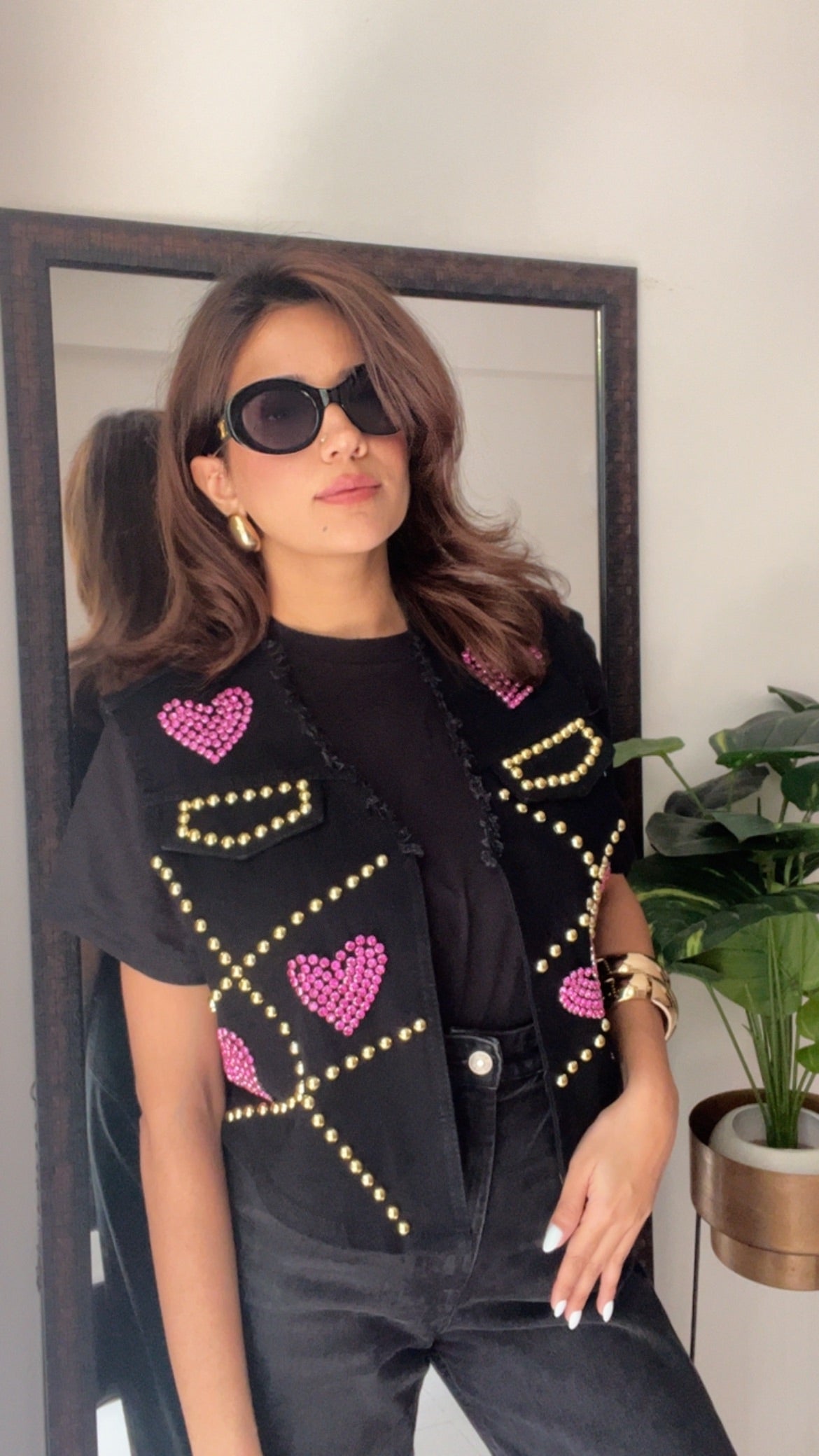 Gold Metal Pink Heart Denim Fall Vest