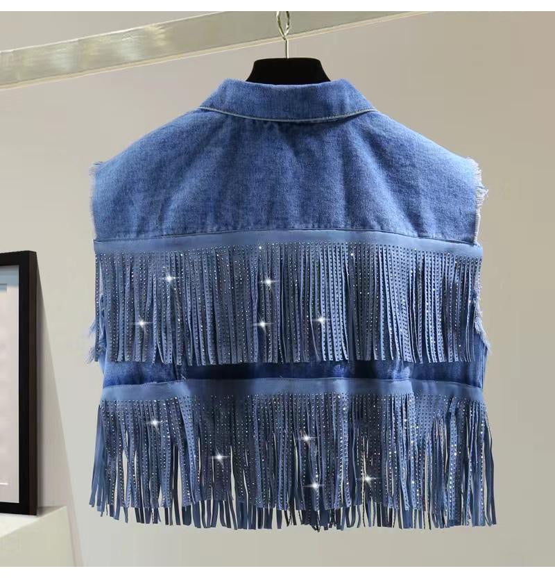 Fringe Swarovski Studded Denim Fall Jacket