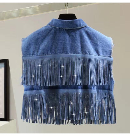 Fringe Swarovski Studded Denim Fall Jacket