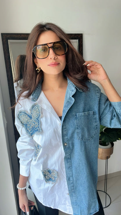 Butterfly Studded Denim Poplin Shirt