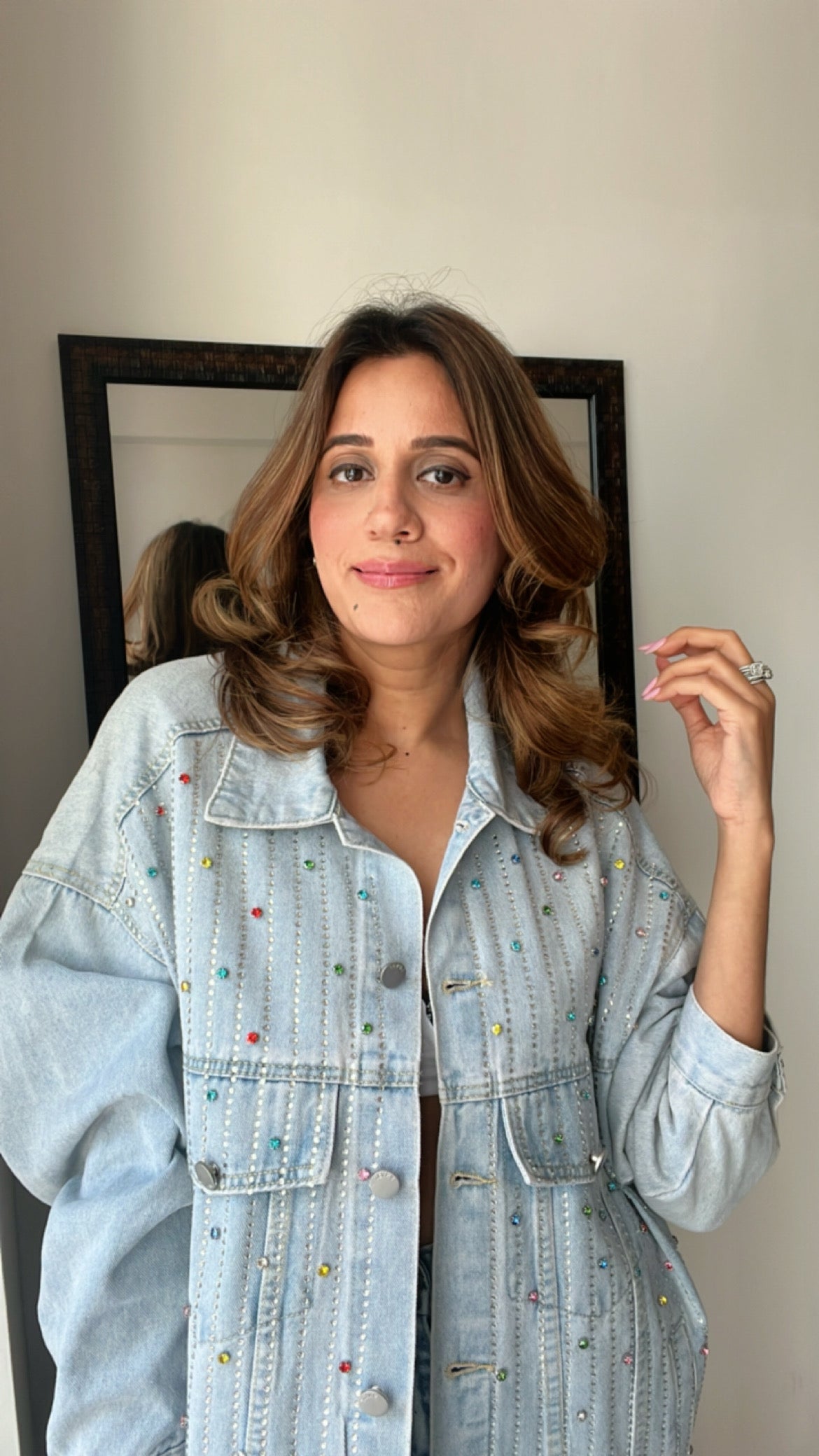 Multi Color Splash Studded Denim Fall Jacket