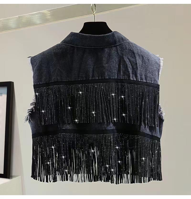 Fringe Swarovski Studded Denim Fall Jacket