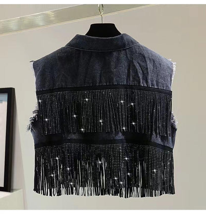 Fringe Swarovski Studded Denim Fall Jacket