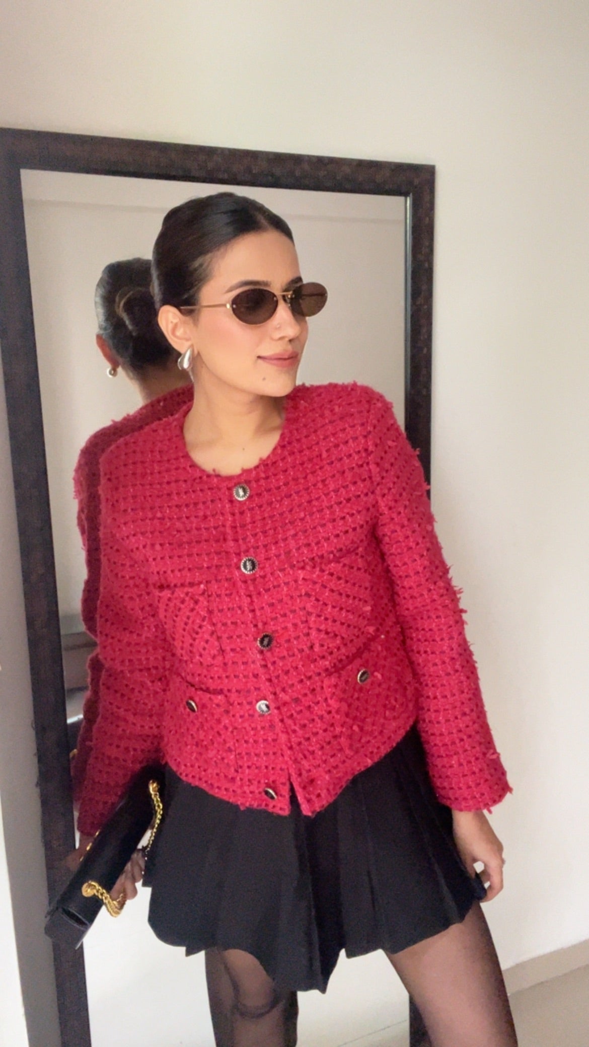 Red Textured Tweed Fall Jacket