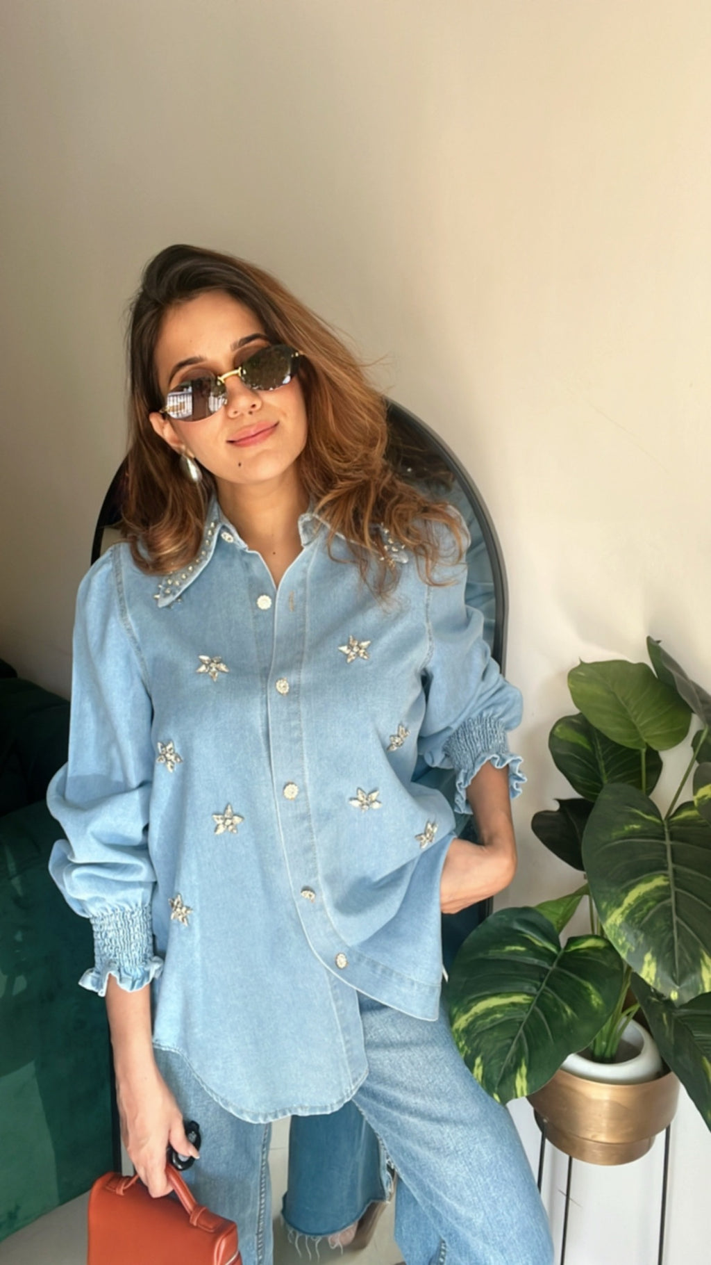 Flower Studded Denim Shirt